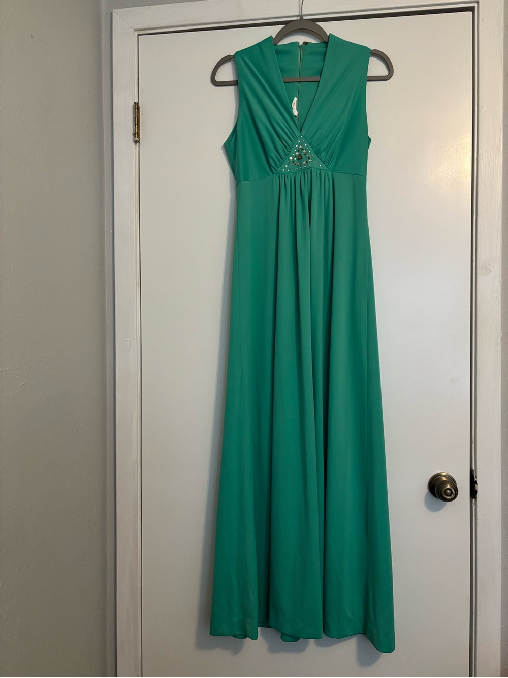 80’s Sleeveless Green Maxi Dress with Embellished Waist
